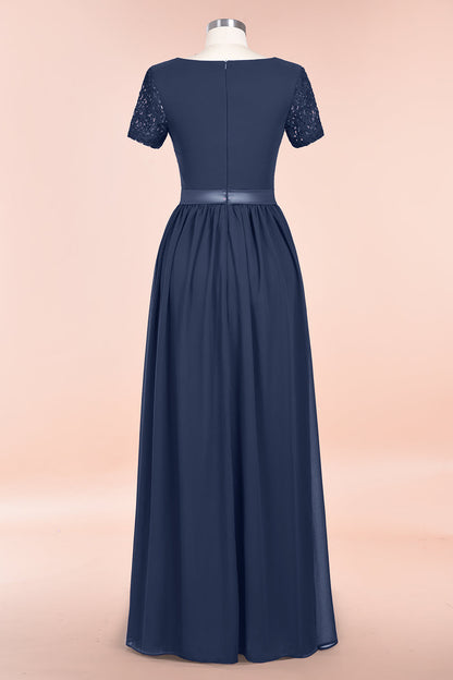 Modest Burgundy Chiffon Bridesmaid Dress Short Sleeves Lace Aline Evening Dress with Sash