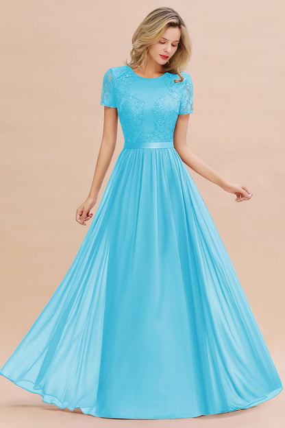 Modest Burgundy Chiffon Bridesmaid Dress Short Sleeves Lace Aline Evening Dress with Sash