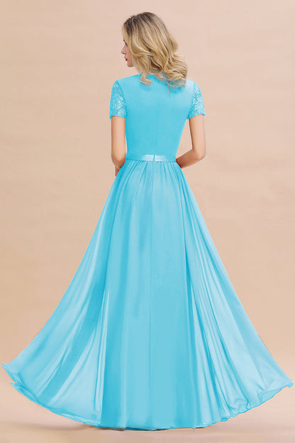 Modest Burgundy Chiffon Bridesmaid Dress Short Sleeves Lace Aline Evening Dress with Sash