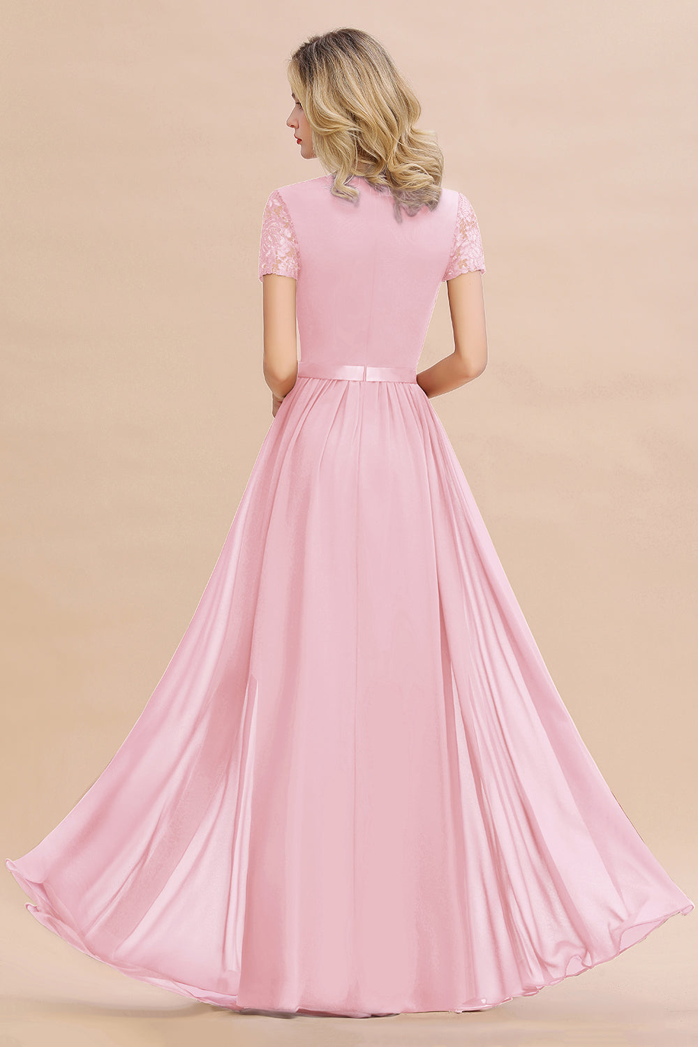 Modest Burgundy Chiffon Bridesmaid Dress Short Sleeves Lace Aline Evening Dress with Sash