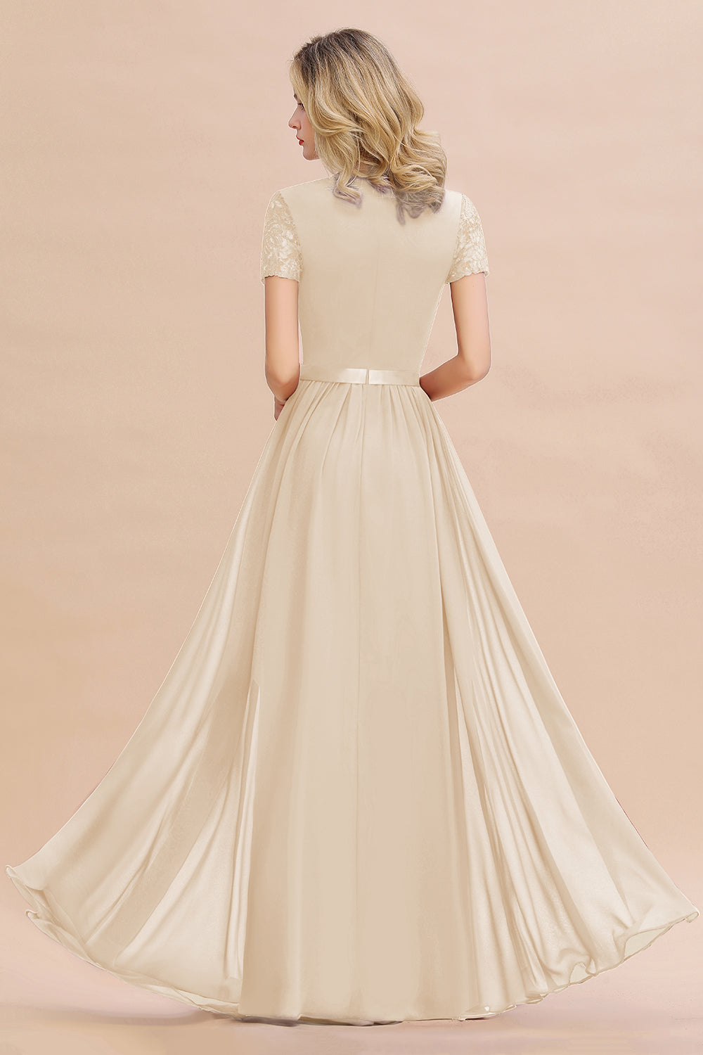 Modest Burgundy Chiffon Bridesmaid Dress Short Sleeves Lace Aline Evening Dress with Sash