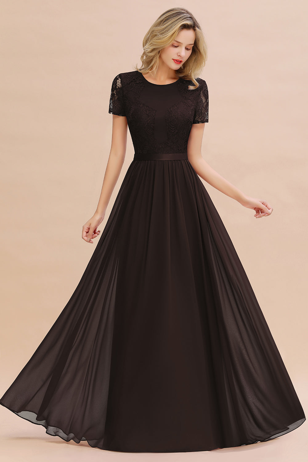 Modest Burgundy Chiffon Bridesmaid Dress Short Sleeves Lace Aline Evening Dress with Sash