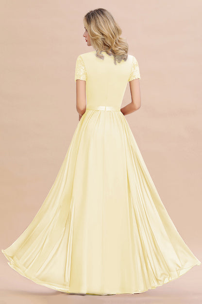 Modest Burgundy Chiffon Bridesmaid Dress Short Sleeves Lace Aline Evening Dress with Sash