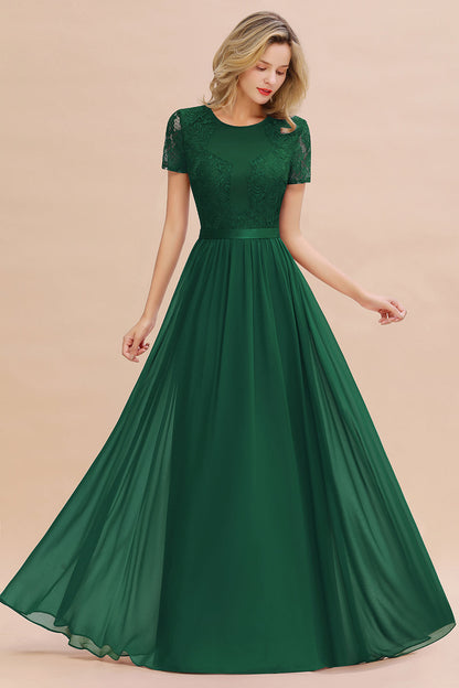 Modest Burgundy Chiffon Bridesmaid Dress Short Sleeves Lace Aline Evening Dress with Sash
