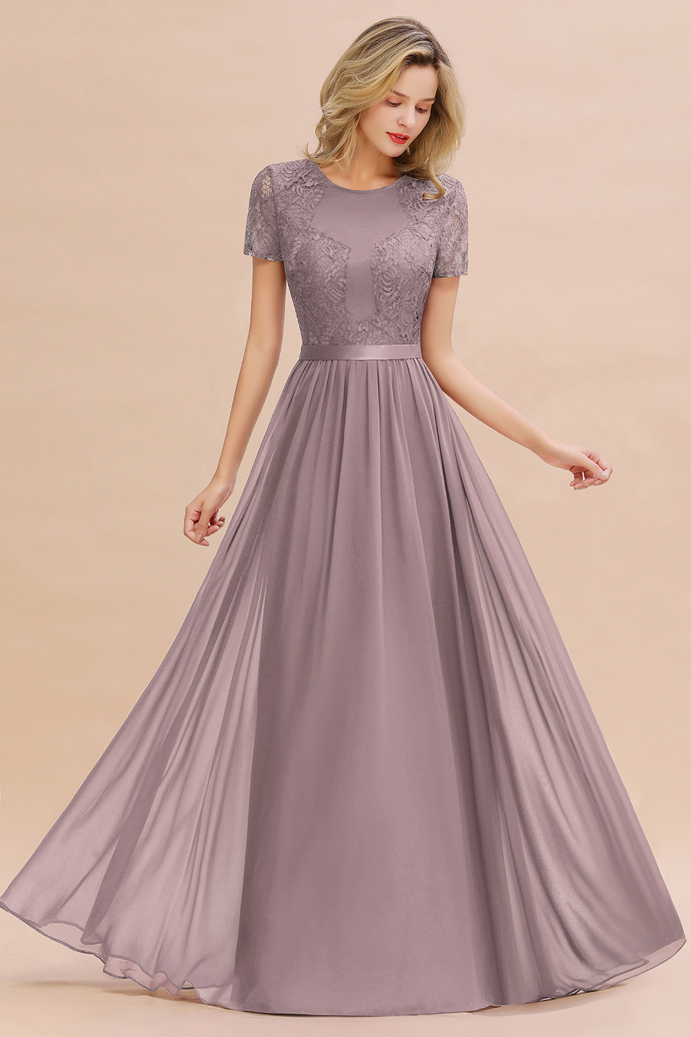 Modest Burgundy Chiffon Bridesmaid Dress Short Sleeves Lace Aline Evening Dress with Sash