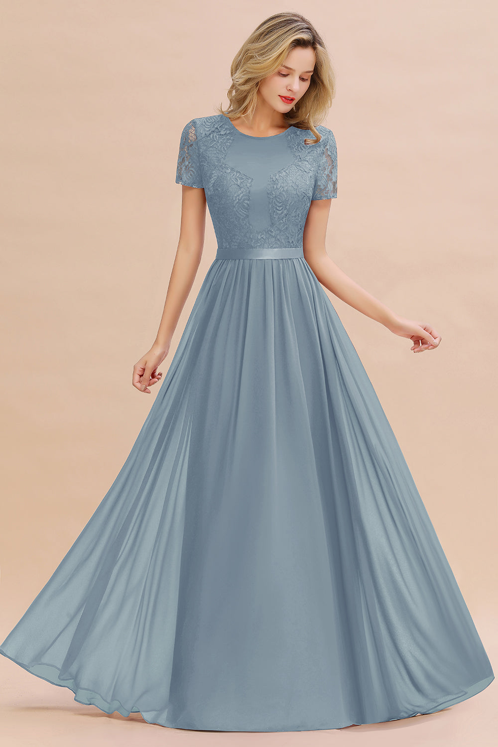 Modest Burgundy Chiffon Bridesmaid Dress Short Sleeves Lace Aline Evening Dress with Sash