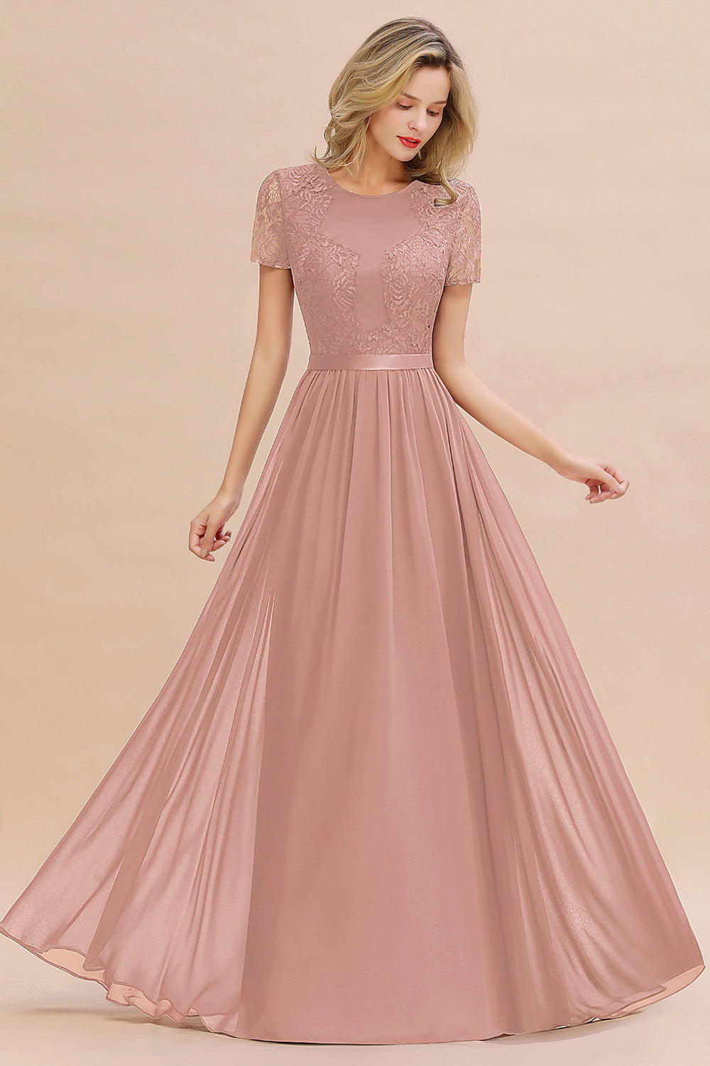 Modest Burgundy Chiffon Bridesmaid Dress Short Sleeves Lace Aline Evening Dress with Sash