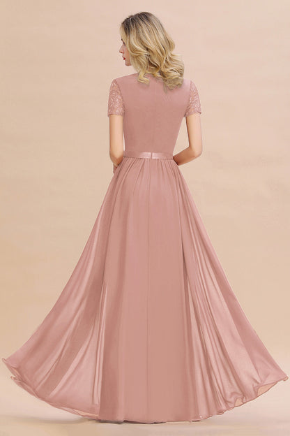 Modest Burgundy Chiffon Bridesmaid Dress Short Sleeves Lace Aline Evening Dress with Sash