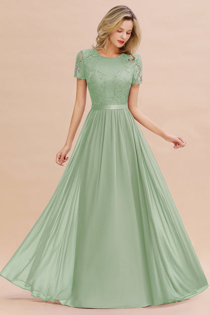 Modest Burgundy Chiffon Bridesmaid Dress Short Sleeves Lace Aline Evening Dress with Sash