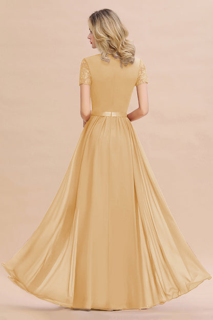 Modest Burgundy Chiffon Bridesmaid Dress Short Sleeves Lace Aline Evening Dress with Sash