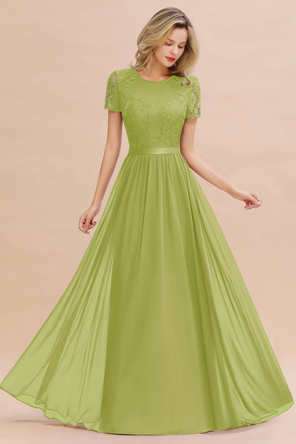 Modest Burgundy Chiffon Bridesmaid Dress Short Sleeves Lace Aline Evening Dress with Sash