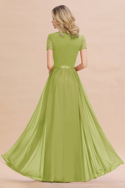 Modest Burgundy Chiffon Bridesmaid Dress Short Sleeves Lace Aline Evening Dress with Sash