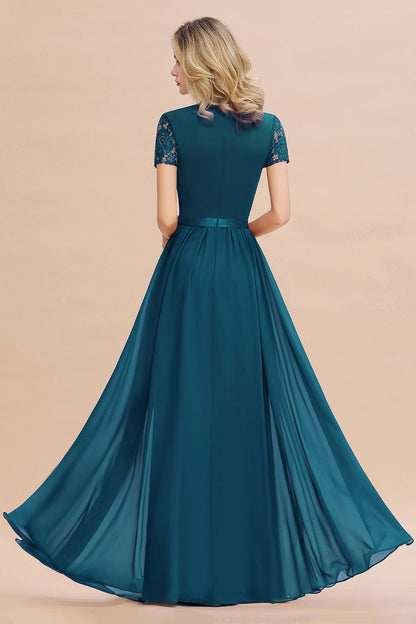 Modest Burgundy Chiffon Bridesmaid Dress Short Sleeves Lace Aline Evening Dress with Sash