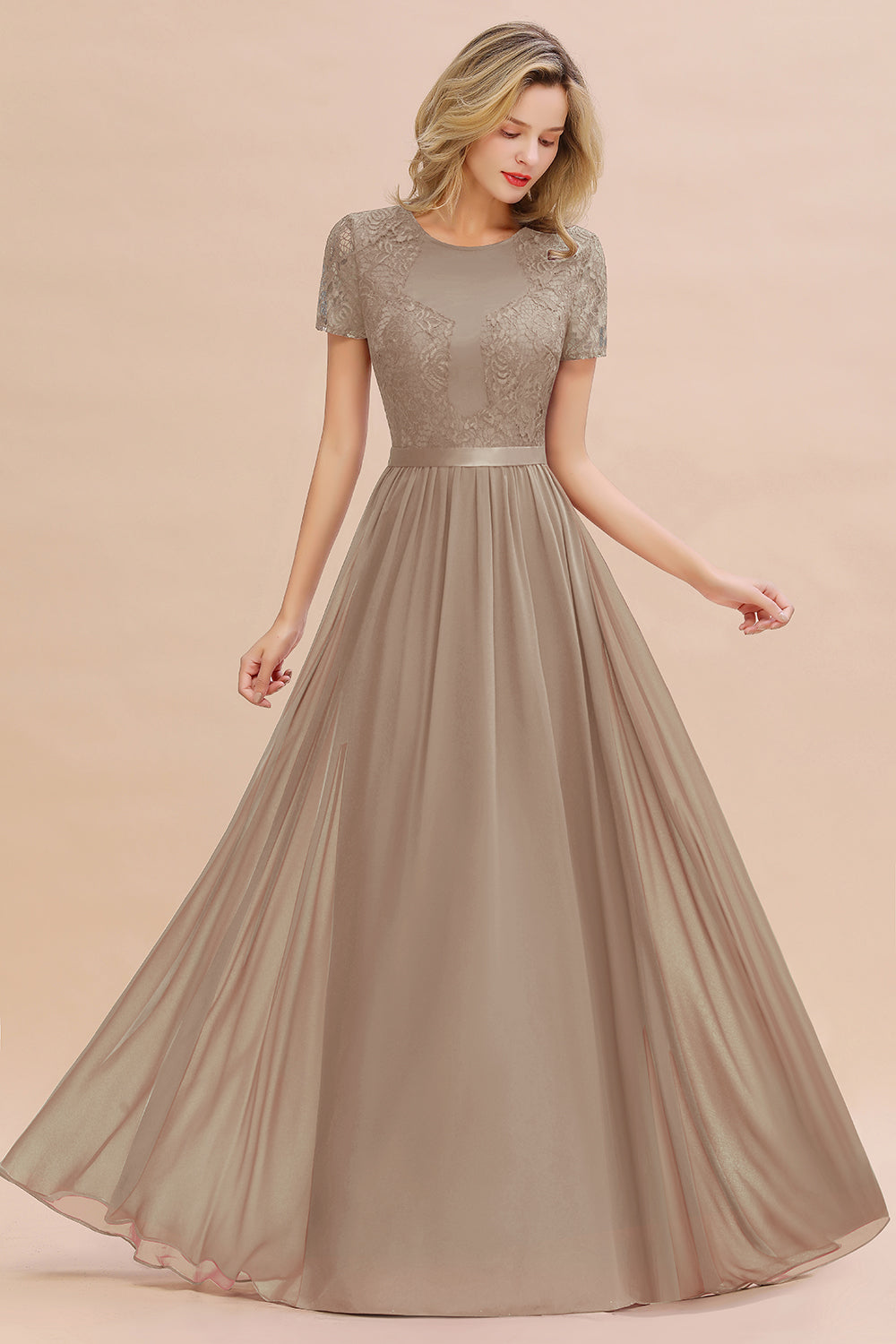 Modest Burgundy Chiffon Bridesmaid Dress Short Sleeves Lace Aline Evening Dress with Sash