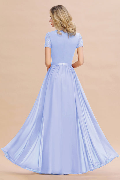 Modest Burgundy Chiffon Bridesmaid Dress Short Sleeves Lace Aline Evening Dress with Sash