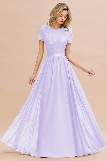 Modest Burgundy Chiffon Bridesmaid Dress Short Sleeves Lace Aline Evening Dress with Sash