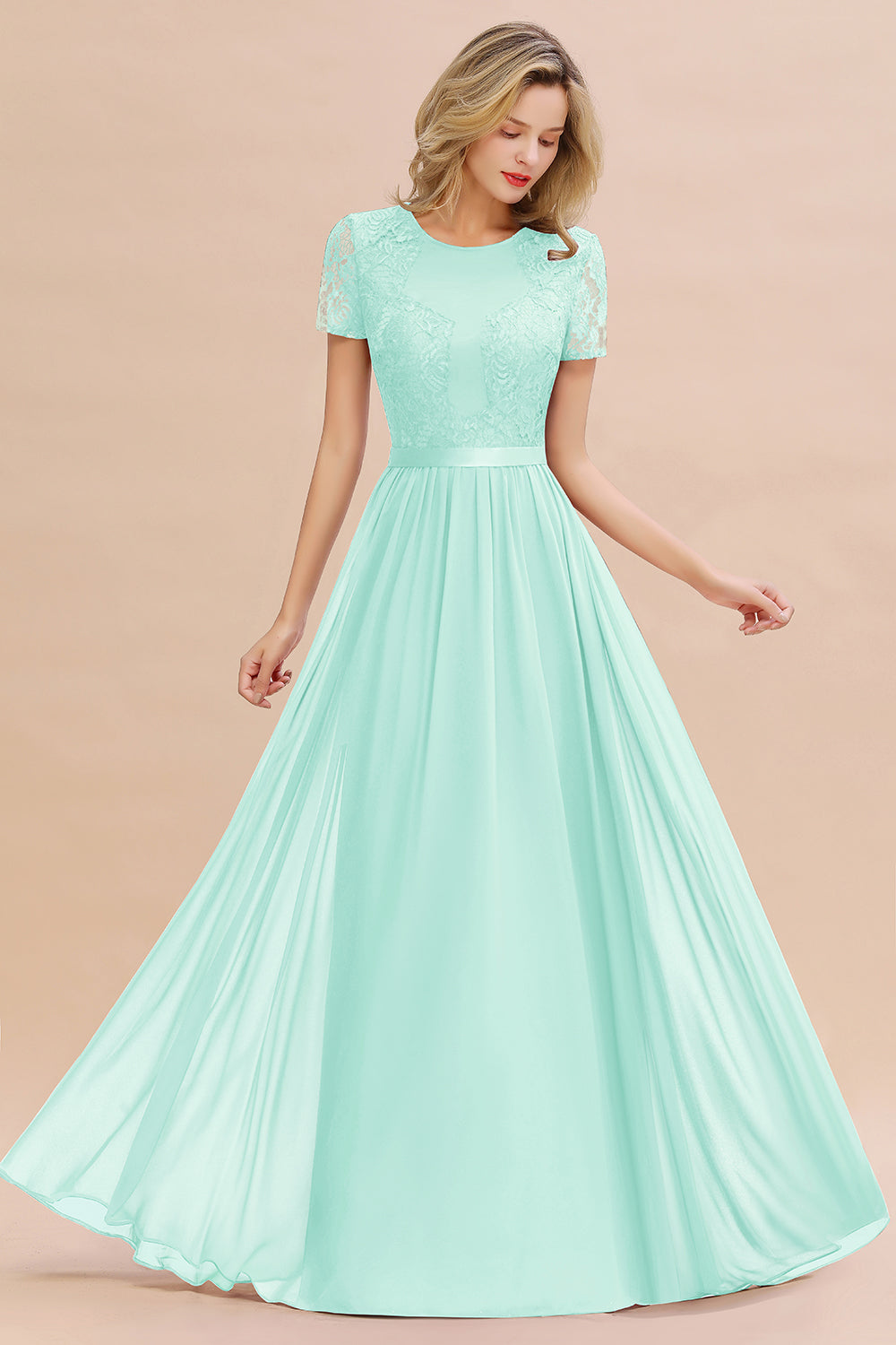 Modest Burgundy Chiffon Bridesmaid Dress Short Sleeves Lace Aline Evening Dress with Sash