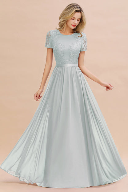 Modest Burgundy Chiffon Bridesmaid Dress Short Sleeves Lace Aline Evening Dress with Sash