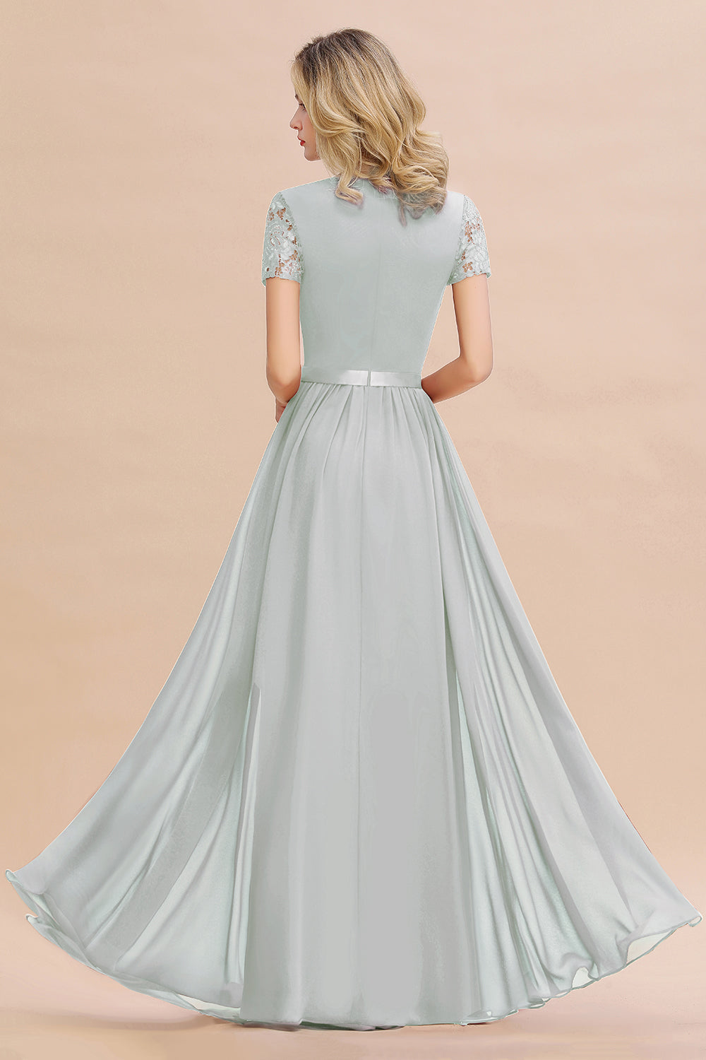 Modest Burgundy Chiffon Bridesmaid Dress Short Sleeves Lace Aline Evening Dress with Sash