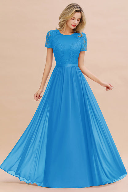 Modest Burgundy Chiffon Bridesmaid Dress Short Sleeves Lace Aline Evening Dress with Sash