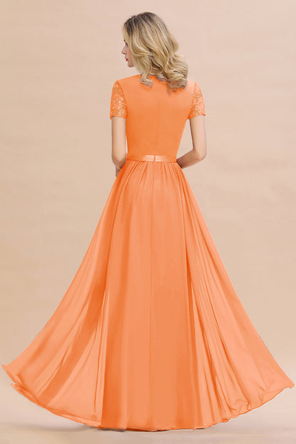 Modest Burgundy Chiffon Bridesmaid Dress Short Sleeves Lace Aline Evening Dress with Sash
