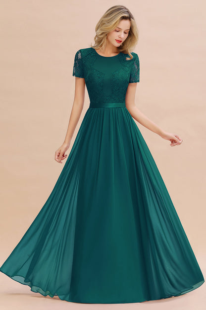 Modest Burgundy Chiffon Bridesmaid Dress Short Sleeves Lace Aline Evening Dress with Sash