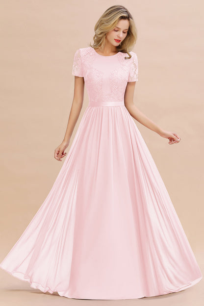 Modest Burgundy Chiffon Bridesmaid Dress Short Sleeves Lace Aline Evening Dress with Sash