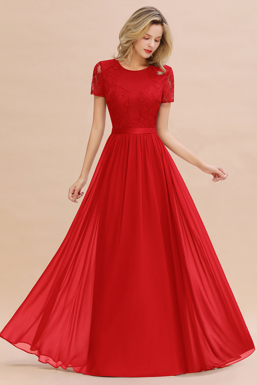 Modest Burgundy Chiffon Bridesmaid Dress Short Sleeves Lace Aline Evening Dress with Sash