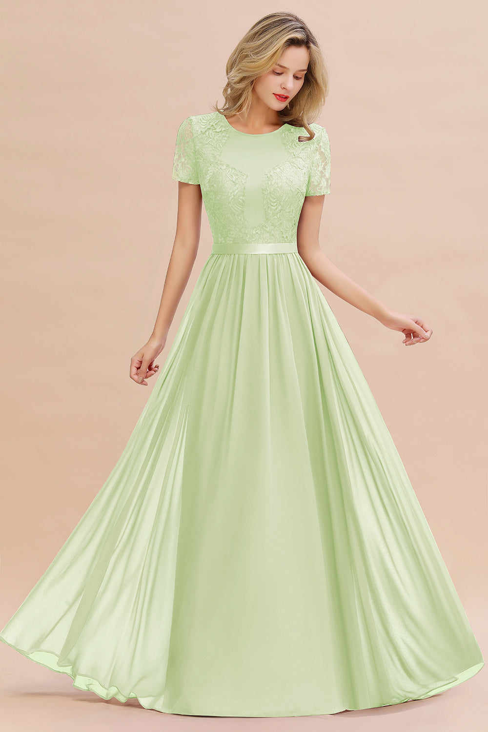 Modest Burgundy Chiffon Bridesmaid Dress Short Sleeves Lace Aline Evening Dress with Sash