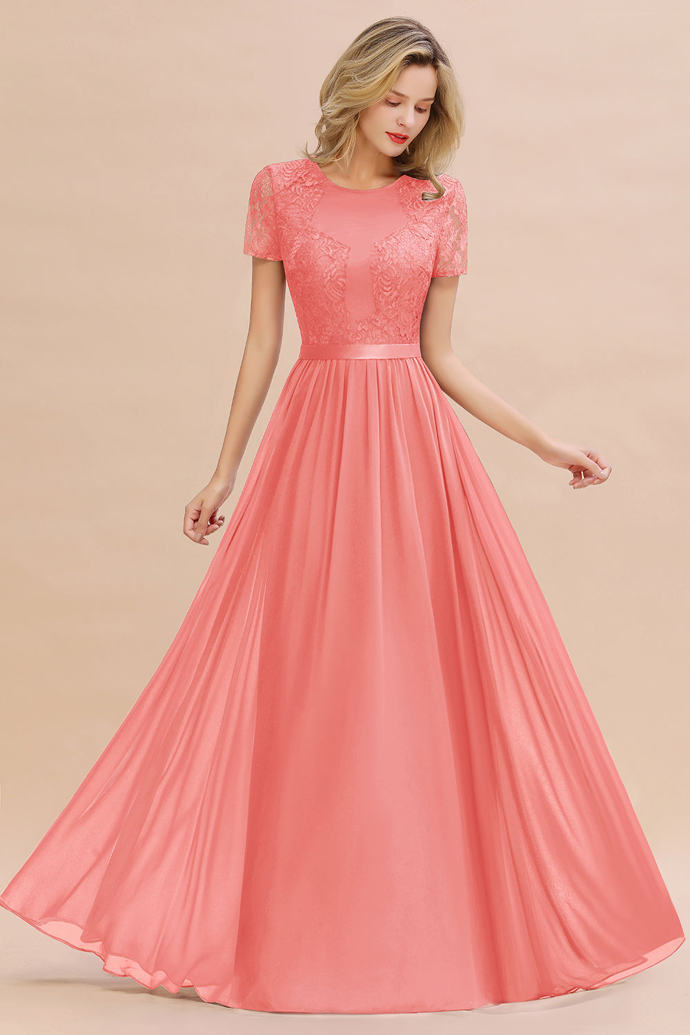 Modest Burgundy Chiffon Bridesmaid Dress Short Sleeves Lace Aline Evening Dress with Sash
