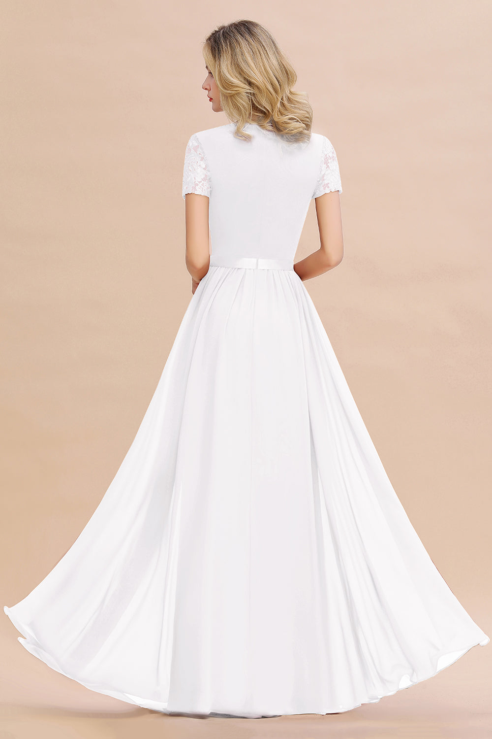 Modest Burgundy Chiffon Bridesmaid Dress Short Sleeves Lace Aline Evening Dress with Sash