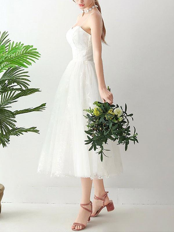 Short Wedding Dresd A Line Sweetheart Sleeveless Tea Length Tulle Bridal Dresses