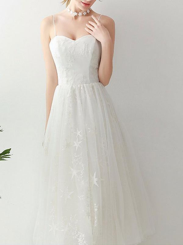 Short Wedding Dresd A Line Sweetheart Sleeveless Tea Length Tulle Bridal Dresses