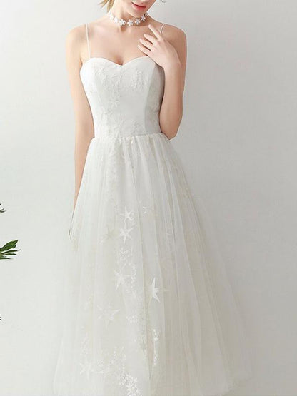 Short Wedding Dresd A Line Sweetheart Sleeveless Tea Length Tulle Bridal Dresses
