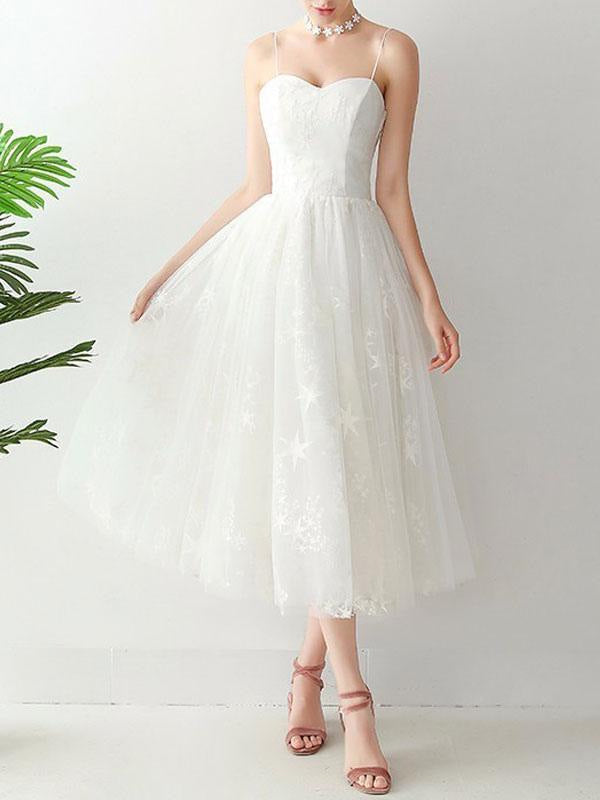 Short Wedding Dresd A Line Sweetheart Sleeveless Tea Length Tulle Bridal Dresses