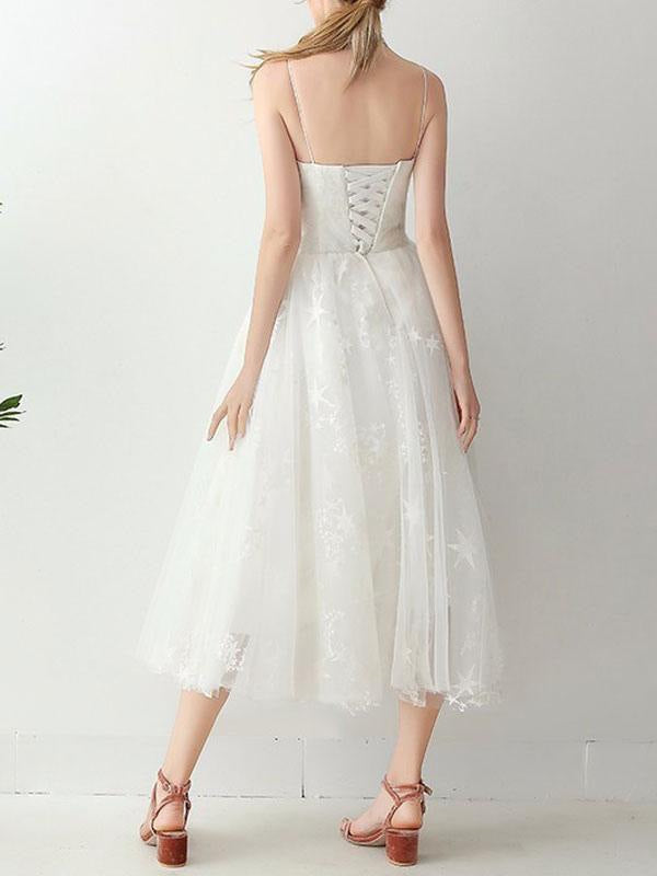 Short Wedding Dresd A Line Sweetheart Sleeveless Tea Length Tulle Bridal Dresses