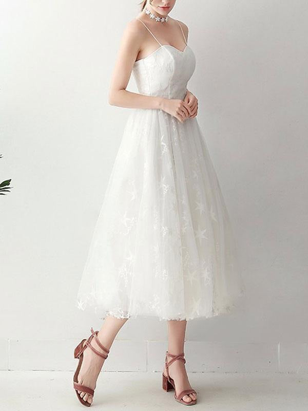 Short Wedding Dresd A Line Sweetheart Sleeveless Tea Length Tulle Bridal Dresses