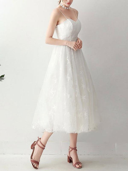 Short Wedding Dresd A Line Sweetheart Sleeveless Tea Length Tulle Bridal Dresses