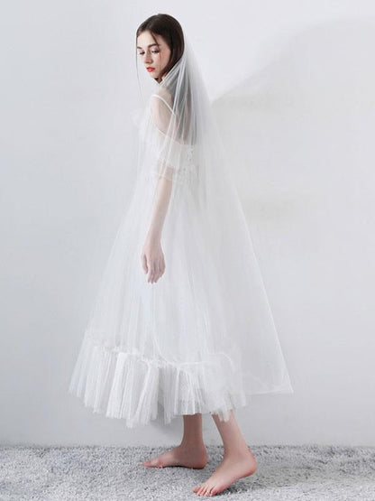 Short Wedding Dress A Line V Neck Short Sleeves Tea Length Bridal Dresses