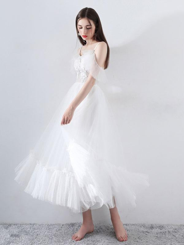 Short Wedding Dress A Line V Neck Short Sleeves Tea Length Bridal Dresses