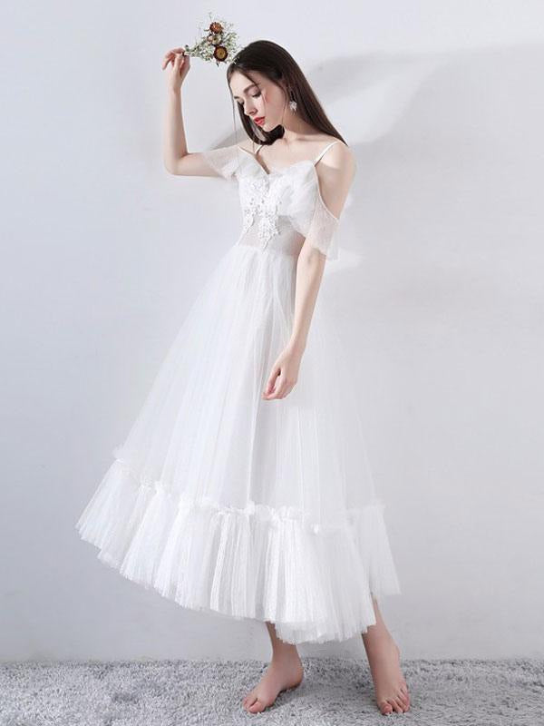Short Wedding Dress A Line V Neck Short Sleeves Tea Length Bridal Dresses