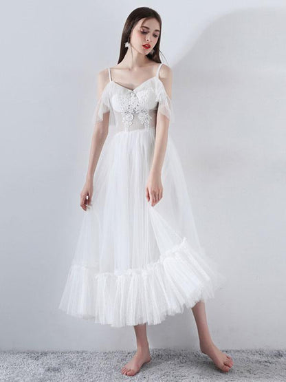 Short Wedding Dress A Line V Neck Short Sleeves Tea Length Bridal Dresses