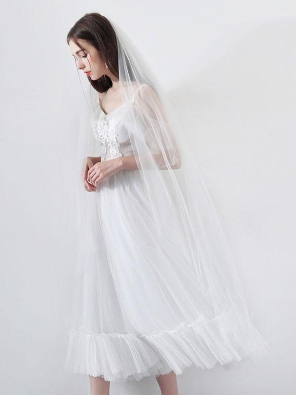 Short Wedding Dress A Line V Neck Short Sleeves Tea Length Bridal Dresses