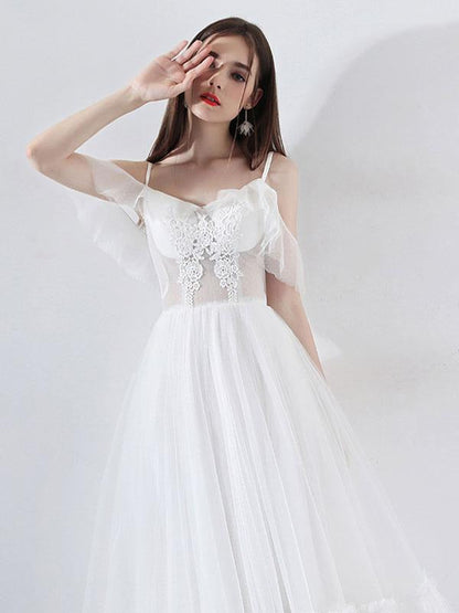 Short Wedding Dress A Line V Neck Short Sleeves Tea Length Bridal Dresses