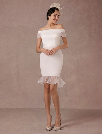 Short Wedding Dress Mermaid Off-The-Shoulder Satin Vintage Ruffles Mini Bridal Summer Wedding Dresses