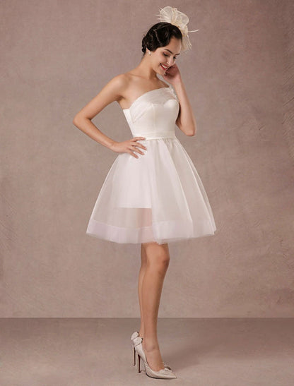 Short Wedding Dress Organza One-Shoulder A-Line Backless Satin Mini Summer Wedding Dresses