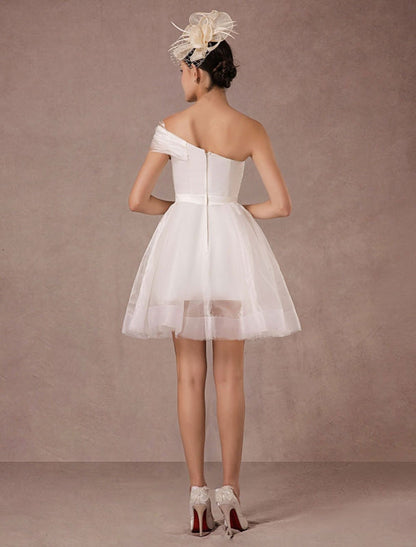 Short Wedding Dress Organza One-Shoulder A-Line Backless Satin Mini Summer Wedding Dresses