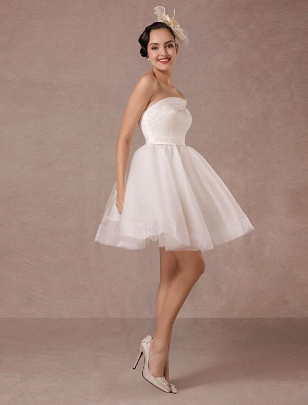 Short Wedding Dress Organza One-Shoulder A-Line Backless Satin Mini Summer Wedding Dresses