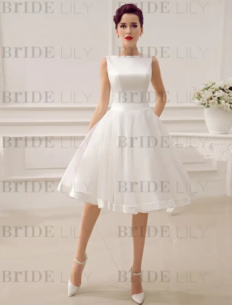 Short Wedding Dress Vintage Bridal Dress 1950’S Bateau Sleeveless Reception Bridal Gown