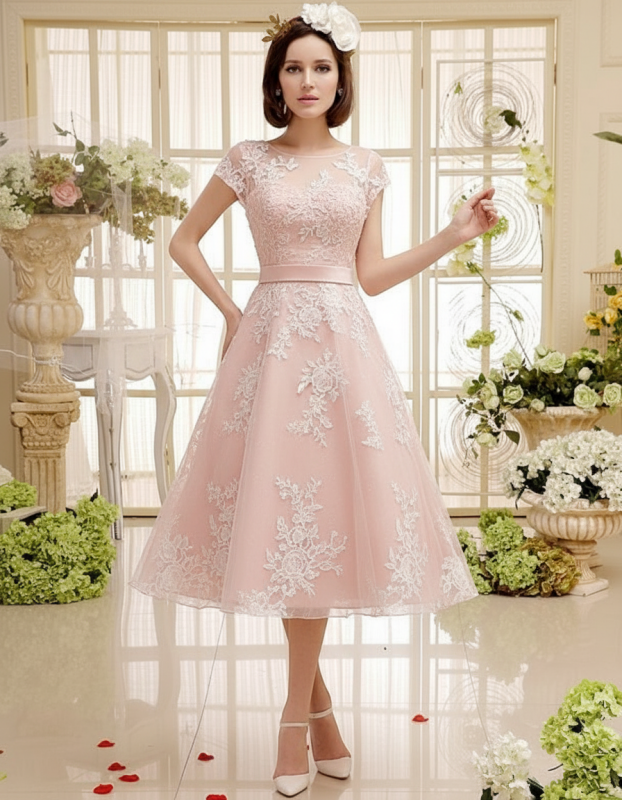 Short Wedding Dresses Ivory Lace Applique Vintage Bridal Dress Illusion Sweetheart Open Back Tea Length Wedding Reception Dresses